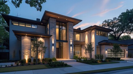 Obraz premium contemporary suburban home with a sophisticated lighting design that highlights the architectural features and creates a warm, inviting atmosphere