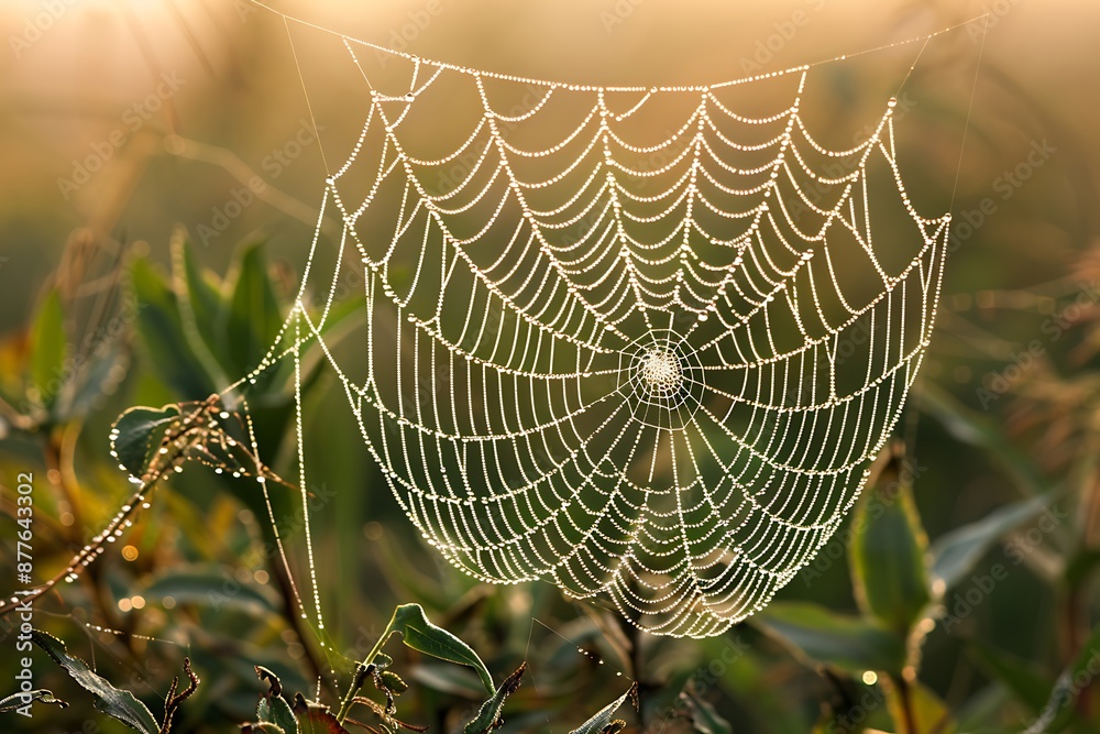 Wall mural a close-up of a dewy spider web in the early morning light