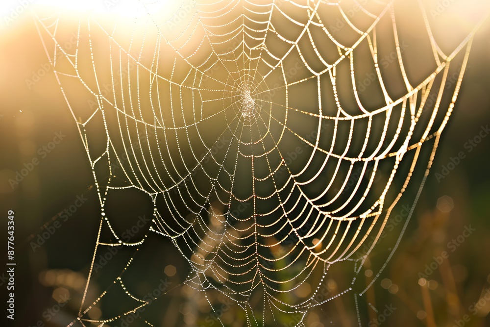 Wall mural a close-up of a dewy spider web in the early morning light