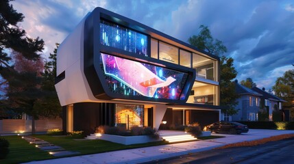 contemporary suburban home with a unique, angular design and a facade that features dynamic, interactive digital displays