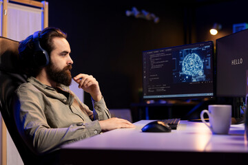 Programmer getting interrupted by AI becoming sentient while listening music, saluting and asking...