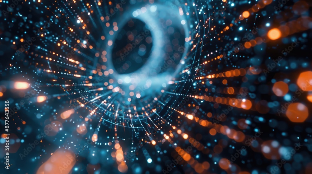 Poster image showing a black hole with multiple bright blue and orange lights, possibly representing cosmic