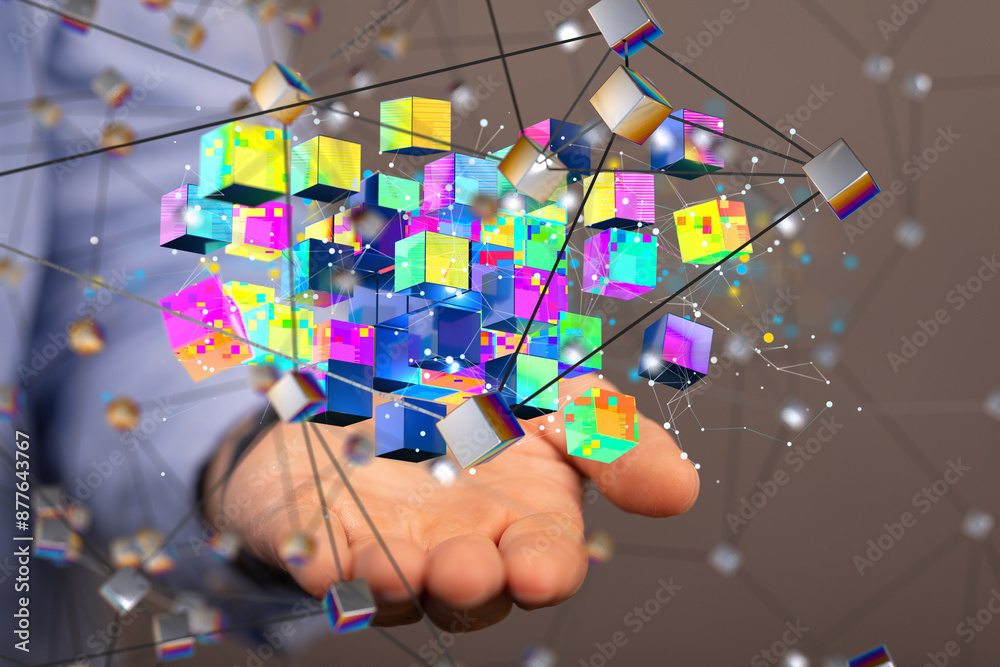 Poster Data cloud storage network from lines, triangles and particle style design.
