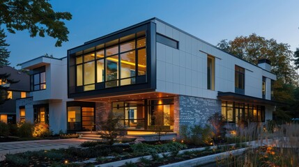 Fototapeta premium contemporary suburban home with a focus on energy efficiency, featuring a double-skin facade that provides insulation and allows for passive cooling