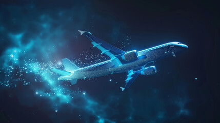 Naklejka premium A blue airplane flies through the air in a 3D illustration. It represents the abstract concept of airlines and air travel.