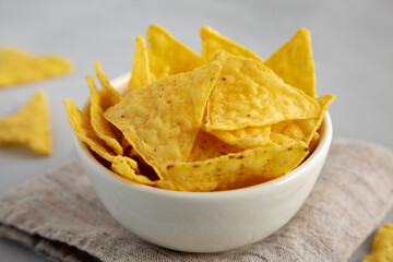Homemade Salted Tortilla Chips in a Bowl, side view.