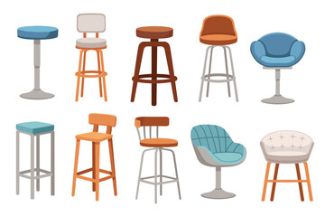 Set of different types of chairs furniture for the hall, bar and hotels vector illustration isolated on white background