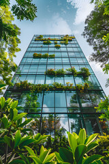 Modern glass building with green plants