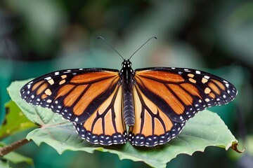 A close-up of a monarch butterfly resting on a leaf