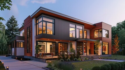 Fototapeta premium contemporary suburban home with an architectural focus on modular design, featuring pre-fabricated sections that create a dynamic, customizable layout