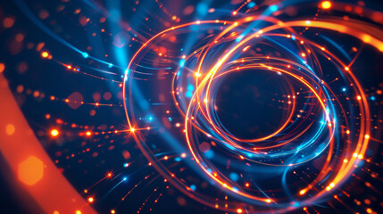 Obraz premium Glowing blue and orange neon lights swirl in an abstract design on a dark blue background, creating a futuristic and electrifying effect.