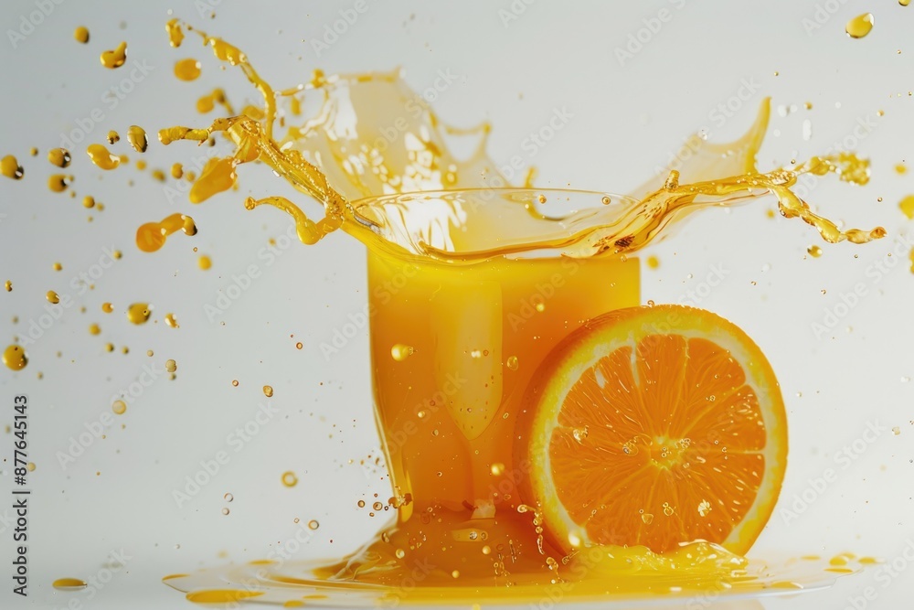 Poster a glass filled with freshly squeezed orange juice and a small amount of liquid on the surface, ready