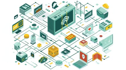 An abstract illustration capturing the essence of modern interconnected systems, science, and technology, emphasizing data, communication, and advanced tools and gadgets.