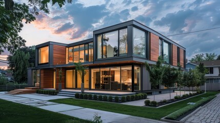 contemporary suburban home with an architectural focus on modular design, featuring pre-fabricated sections that create a dynamic, customizable layout