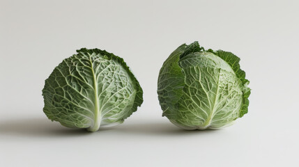 Fototapeta premium Two green cabbages sit alone on a white surface.