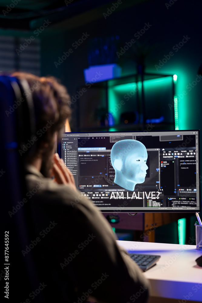 Poster sentient artificial intelligence with own autonomy talking with creator, asking existential question