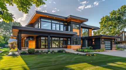 contemporary suburban home with an architectural focus on modular design, featuring pre-fabricated sections that create a dynamic, customizable layout