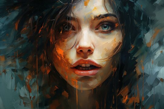 Artistic digital painting of a young woman with a captivating look amid abstract strokes