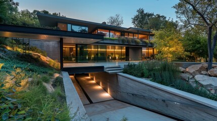contemporary suburban home with a hidden underground garage, accessible through a retractable driveway that blends seamlessly with the landscape