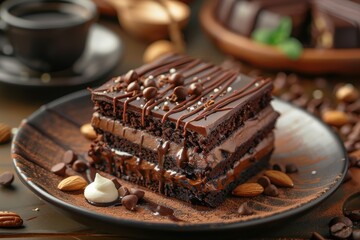 Chocolate brownies, choco cake with vanilla ice cream and nuts on plate. romantic sweet sugary dessert close up. 