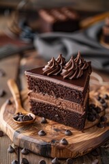 Chocolate cake slice on wooden table. cake. 
