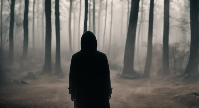 A creepy person facing the purgatory world Death mystery fog with spirit between worlds Scary spooky video moody hell 4k animation