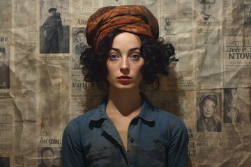 Artistic portrait of a woman with expressive eyes, wearing a turban, against a vintage newspaper backdrop