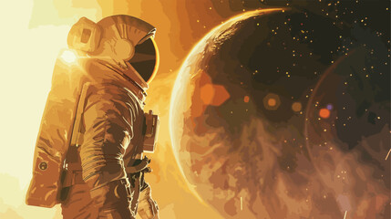 Astronaut unknown planet in the background light ray.