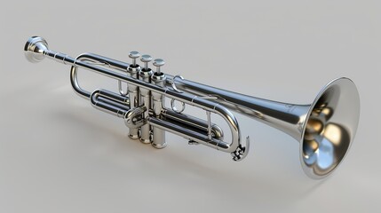 Obraz premium A highly detailed image of a silver trumpet on a white background showcasing its reflective metallic surface and intricate design, ideal for music-related projects.