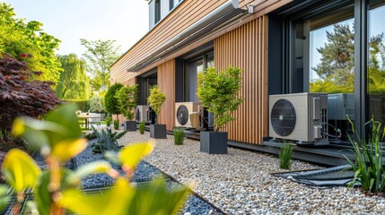 Outdoor units of heat pumps in a modern backyard garden. Residential HVAC system photography for design and print.