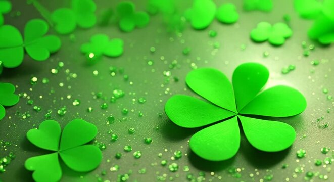 St Patricks Day background effect Four Clover leaf Green particles appear and forming the shape of clover or shamrock St Patricks day background Irish tradition concept Copy space Saint Pat 4k animati