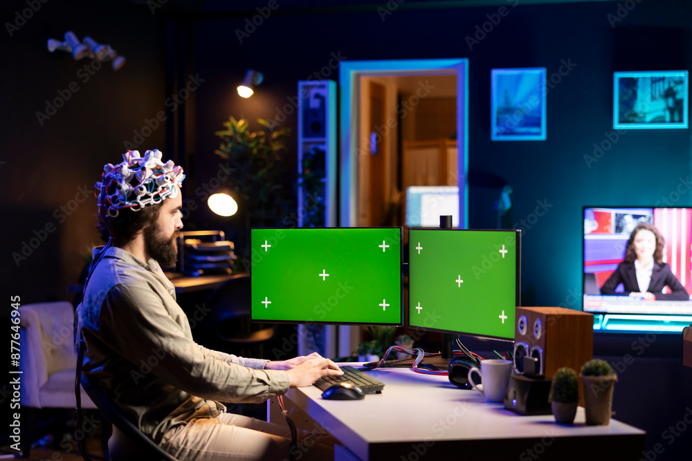 Poster software engineer with eeg headset starting mind upload on isolated screen multi monitor setup, tryi