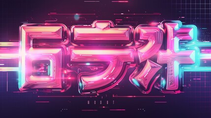 This image showcases reflective and neon-lit Chinese characters with a cyber style, set within a futuristic environment, blending modern technology with traditional script elements.
