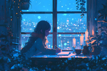 LoFi Girl composing a heartfelt love letter during a candlelit dinner, gazing at the starry night sky through the window. Anime style, Cozy vibes