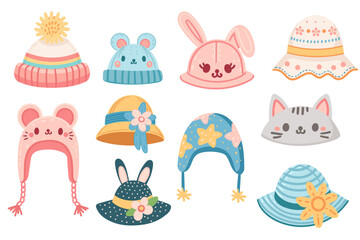 Collection of cute baby hats for summer and winter seasons. Headwear with flower and animal style design vector illustration isolated on white background