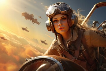 Stunning artwork of a woman in retro pilot attire, flying with airships in a golden sunset sky
