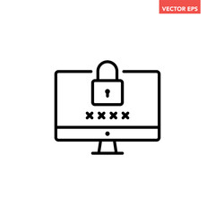 Black single computer password protection line icon, simple technology digital security flat design pictogram vector for app ads web banner button ui ux interface elements isolated on white background