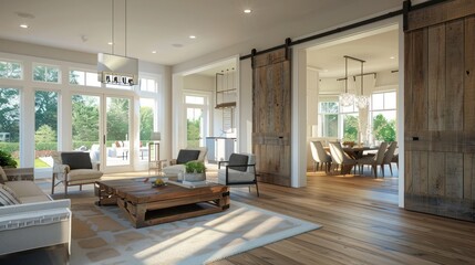 contemporary suburban house with a large, sliding barn door that separates the living room from the dining area, combining rustic and modern elements