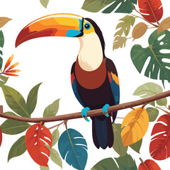 Tropical Toucan Perched on Colorful Branch Cartoon Illustration