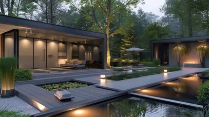 contemporary suburban house with an outdoor yoga platform surrounded by tranquil water features and soft landscape lighting