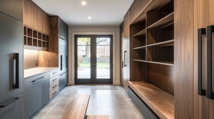 contemporary suburban mudroom with sleek cabinetry and hidden compartments for storage
