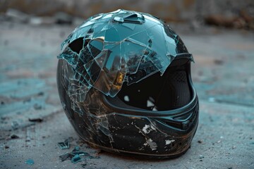 Shattered motorcycle helmet is lying on the pavement after a crash
