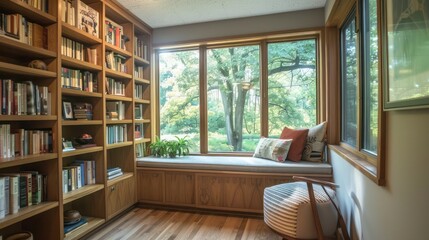 cozy corner in a suburban mid-century modern home with custom-built bookshelves and a window seat