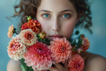 Naklejka premium A woman covering her face with a bouquet of flowers