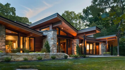 mid-century modern suburban home with a focus on natural materials, featuring stone accents and wooden beams that complement the surrounding landscape