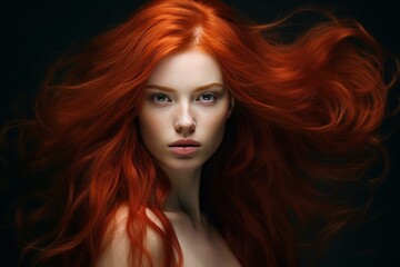 Obraz premium Stunning portrait of a woman with vibrant red hair flowing on a black background