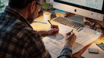 Focused designer drafting website layout on paper, working meticulously in a creative workspace with digital tools and notes scattered around, showcasing the design process.