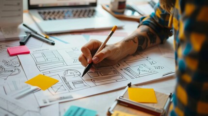 A creative individual is deeply engaged in sketching designs on a cluttered desk, surrounded by colorful notes and digital devices, symbolizing creativity and focus.