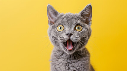 Cute gray cat has its mouth open in a shocked expression, isolated on a yellow background with copy space