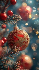 Obraz premium Red Christmas ornament on tree with bokeh lights. Holiday photography with copy space. Christmas celebration and decoration concept.